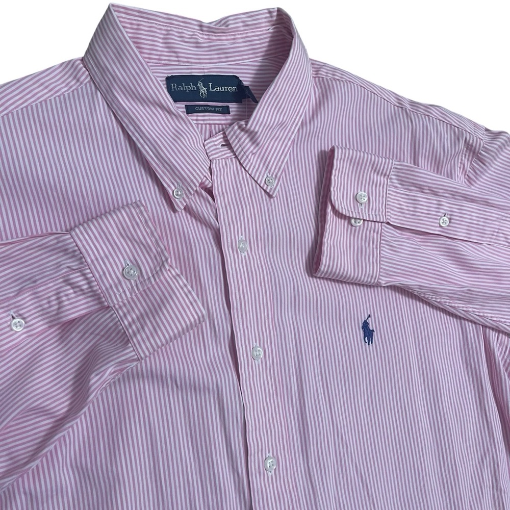 Ralph Lauren Pink and White Striped Button-Down Dress Shirt Custom Fit Blue Pony